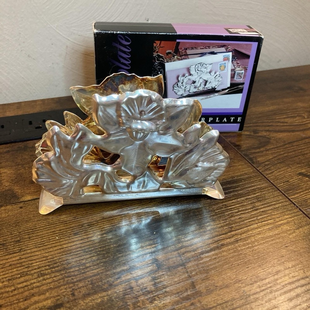 Genuine Silverplate Art Nouveau‎ Floral Letter Holder Napkin Holder Openwork